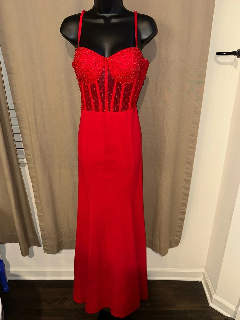 Red Beaded Corset Mermaid Evening Dress
